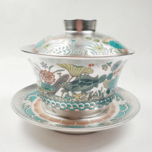Load image into Gallery viewer, Gaiwan - Pure Silver Lined Inside and Out Lotus and Fish 3 pcs 200 ml