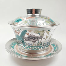 Load image into Gallery viewer, Gaiwan - Pure Silver Lined Inside and Out Lotus and Fish 3 pcs 200 ml