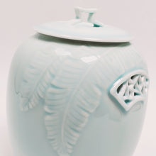 Load image into Gallery viewer, Banana Leaf Garden Window Light Celadon Tea Jar sm