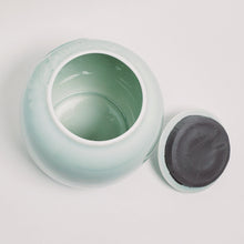 Load image into Gallery viewer, Banana Leaf Garden Window Light Celadon Tea Jar sm