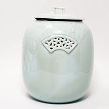 Load image into Gallery viewer, Banana Leaf Garden Window Light Celadon Tea Jar lg