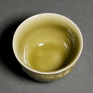 Carved Olive Green Glaze Dragon Phoenix Teacups 85 ml