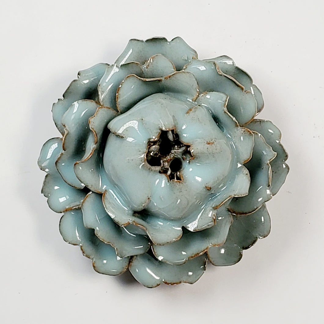 Celadon Porcelain Incense Burner - Peony Flower Blue Brown Large