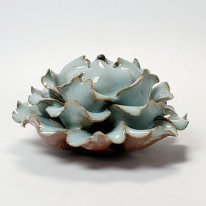Celadon Porcelain Incense Burner - Peony Flower Blue Brown Large