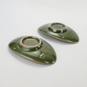 2 Olive Green Celadon Boat Shape Saucers