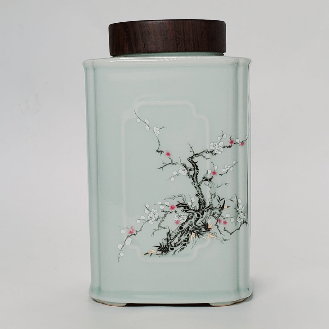 Tea Jar - Rectangular Shape Light Blue Celadon Prunus Flower