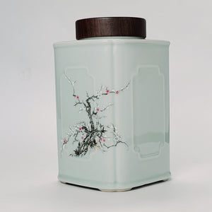 Tea Jar - Rectangular Shape Light Blue Celadon Prunus Flower