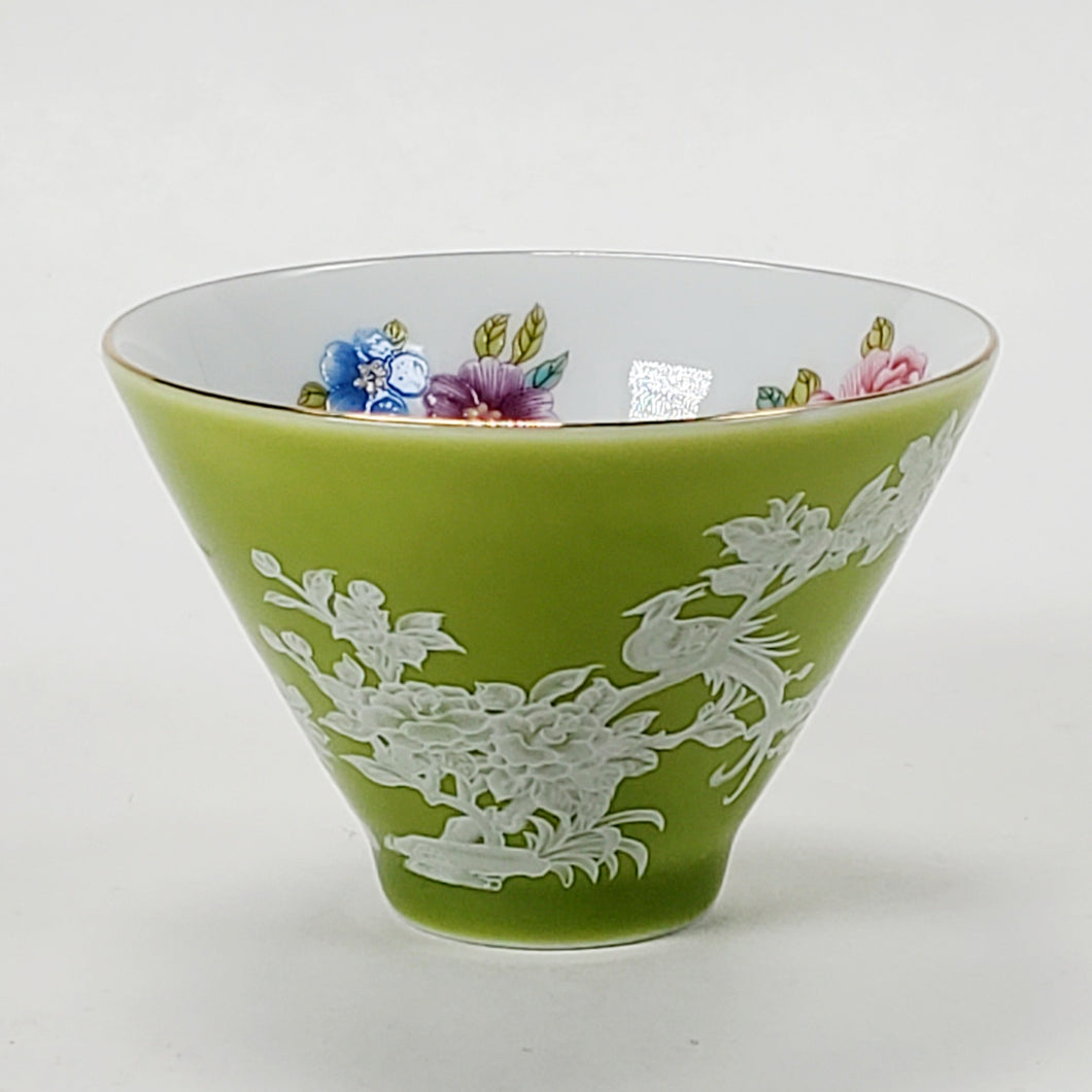 2 Teacups Green Enamel White Porcelain 50 ml
