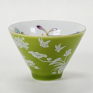 2 Teacups Green Enamel White Porcelain 50 ml