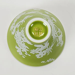 2 Teacups Green Enamel White Porcelain 50 ml