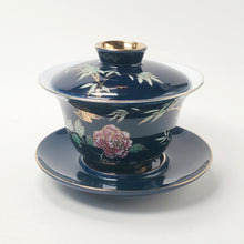 Load image into Gallery viewer, Gaiwan - Porcelain Navy Blue Gold Gilded Bamboo Pink Peony 150 ml
