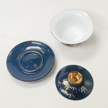 Load image into Gallery viewer, Gaiwan - Porcelain Navy Blue Gold Gilded Bamboo Pink Peony 150 ml
