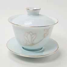 Load image into Gallery viewer, Gaiwan - Porcelain Pale Celadon Gold Gilded Magnolia 150 ml
