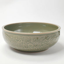 Load image into Gallery viewer, Tea Wash Bowl - Yao Zhou Kiln Olive Green Celadon Dragon and Phoenix in Auspicious Clouds
