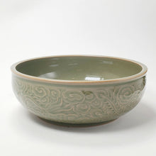 Load image into Gallery viewer, Tea Wash Bowl - Yao Zhou Kiln Olive Green Celadon Dragon and Phoenix in Auspicious Clouds

