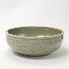 Load image into Gallery viewer, Tea Wash Bowl - Yao Zhou Kiln Olive Green Celadon Dragon and Phoenix in Auspicious Clouds
