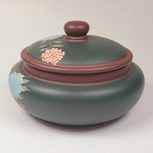 Load image into Gallery viewer, Tea Jar - Yixing Purple Clay with Green Clay Exterior Hydrangea Flowers 300 ml
