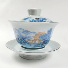 Load image into Gallery viewer, Gaiwan Porcelain Set - Gold Gilded Blue and White Mountain Theme
