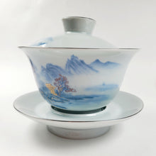Load image into Gallery viewer, Gaiwan Porcelain Set - Gold Gilded Blue and White Mountain Theme
