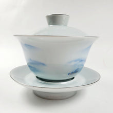 Load image into Gallery viewer, Gaiwan Porcelain Set - Gold Gilded Blue and White Mountain Theme
