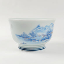 Load image into Gallery viewer, Gaiwan Porcelain Set - Gold Gilded Blue and White Mountain Theme
