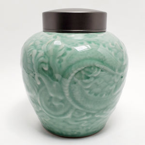 Dragon and Phoenix Green Celadon Tea Jar