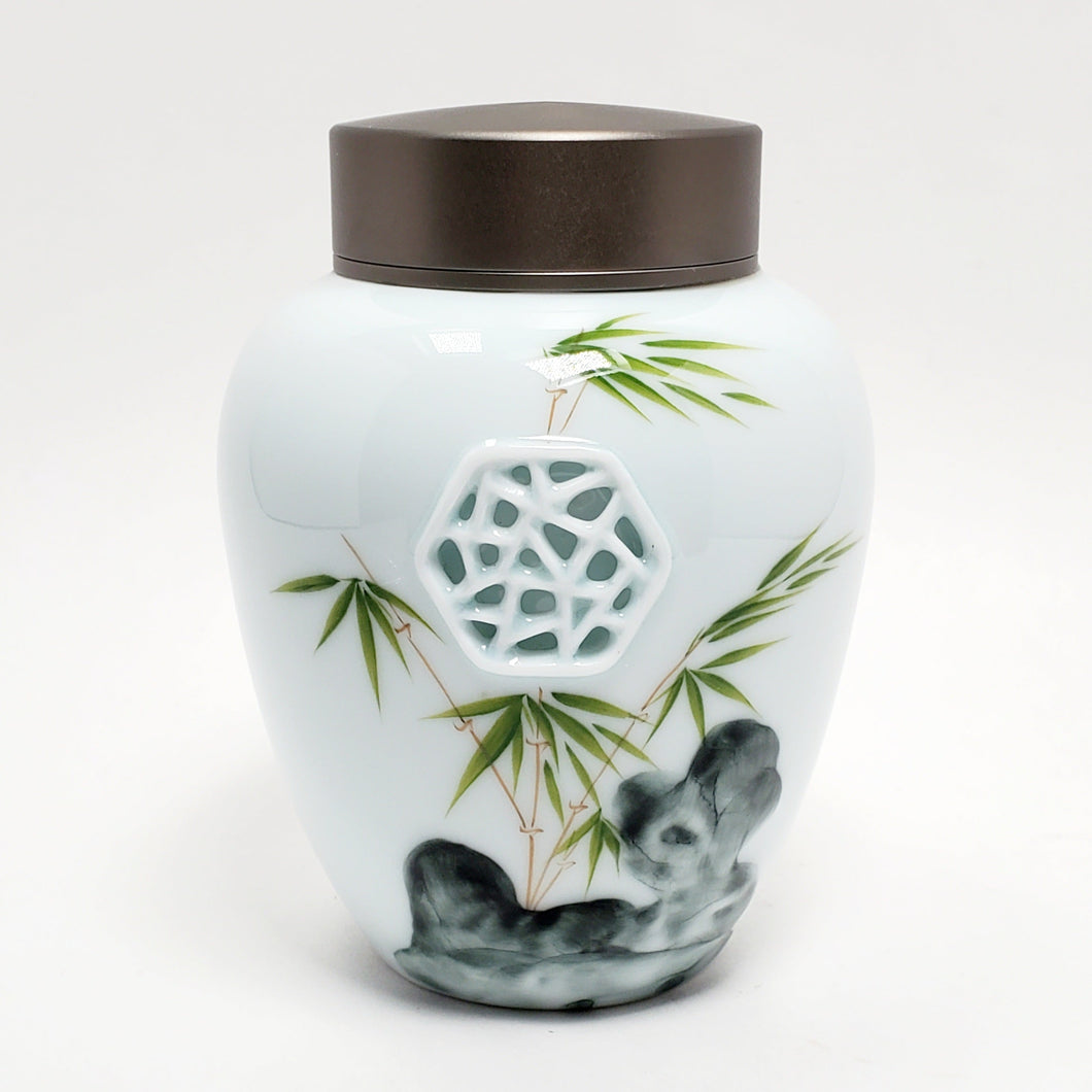 Bamboo Rock Garden Window Light Celadon Tea Jar lg