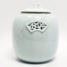 Load image into Gallery viewer, Banana Leaf Garden Window Light Celadon Tea Jar sm
