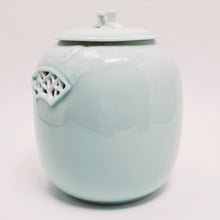 Load image into Gallery viewer, Banana Leaf Garden Window Light Celadon Tea Jar sm
