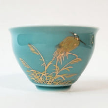 Load image into Gallery viewer, 2 Seafoam Blue Gold Heron Teacups 60 ml
