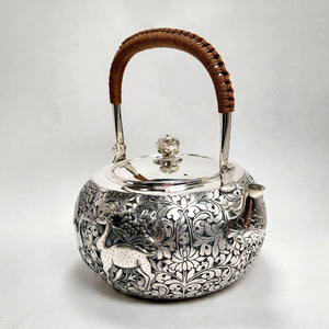 Pure Silver Tea Water Kettle - Deer and Crane 1250 ml