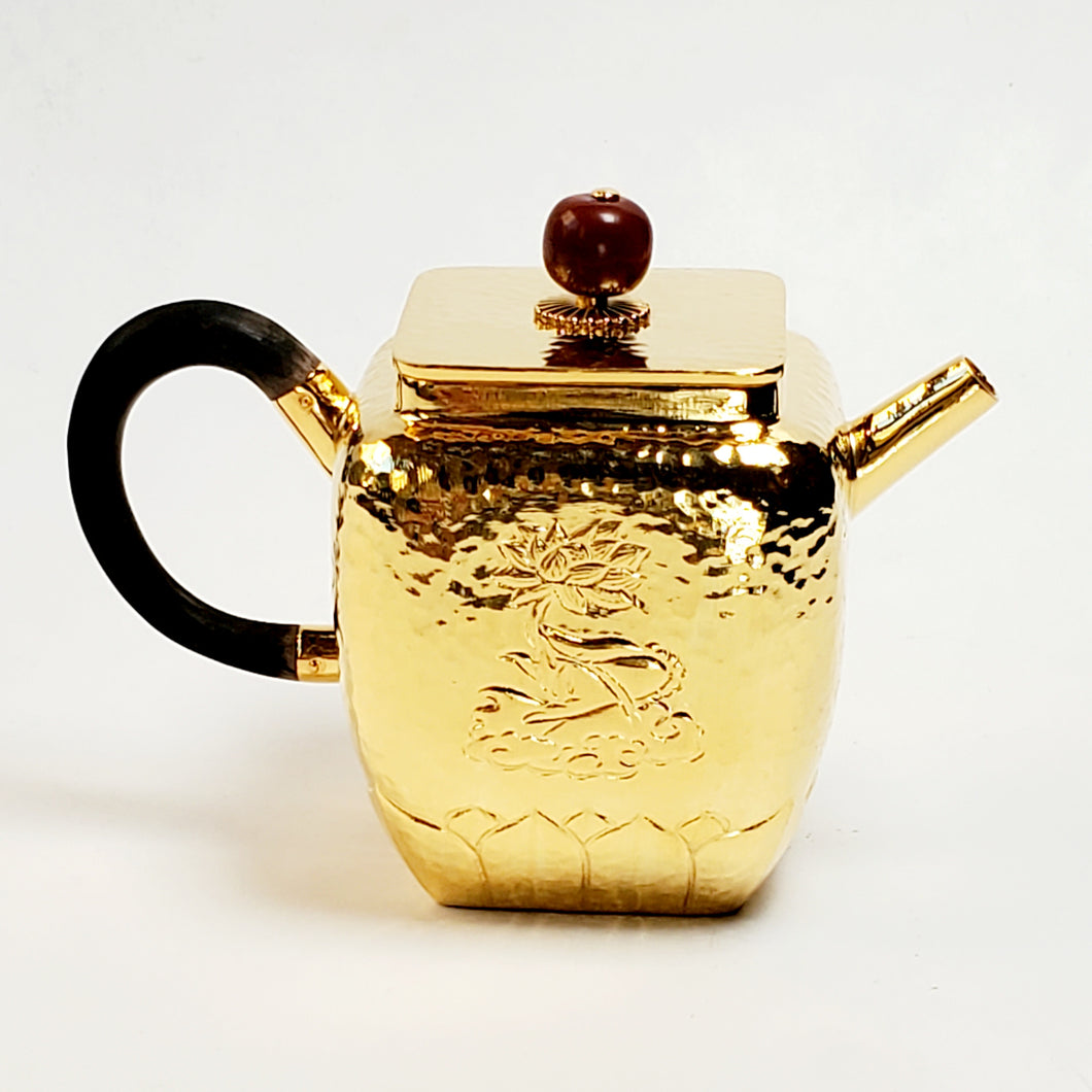 24 K Gold Plated Pure Silver Teapot Lotus Heart Sutra #1 100 ml